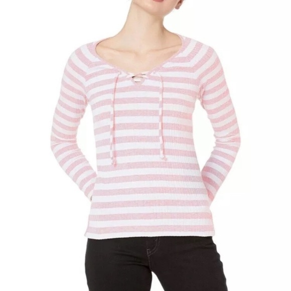 LUCKY BRAND White Pink Striped Ribbed‎ Lace up size M casual y2K preppy boho - Picture 2 of 3